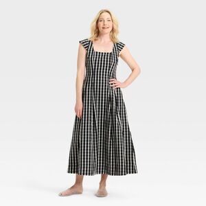 A New Day - Women's Poplin Midi Dress - A New Day Black Plaid  Black Plaid